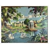 Vintage Framed Needlepoint Artwork with Swans and Pavilion