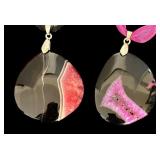 Set of 7 Agate Pendant Necklaces with Sterling Clasps and Ribbon Chains