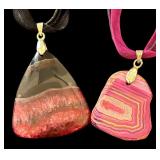 Set of 7 Agate Pendant Necklaces with Sterling Clasps and Ribbon Chains