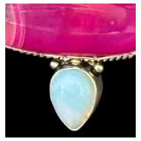Sterling Silver Necklace with Dyed Pink Agate and Moonstone Pendant