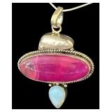 Sterling Silver Necklace with Dyed Pink Agate and Moonstone Pendant