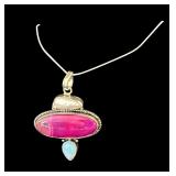 Sterling Silver Necklace with Dyed Pink Agate and Moonstone Pendant