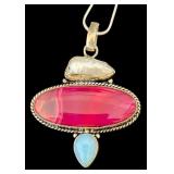 Sterling Silver Necklace with Dyed Pink Agate and Moonstone Pendant
