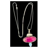 Sterling Silver Necklace with Dyed Pink Agate and Moonstone Pendant