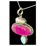 Sterling Silver Necklace with Dyed Pink Agate and Moonstone Pendant