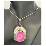Sterling Silver Necklace with Pink Agate, Pearl Inlay, and Red Gem Pendant