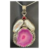 Sterling Silver Necklace with Pink Agate, Pearl Inlay, and Red Gem Pendant