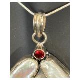 Sterling Silver Necklace with Pink Agate, Pearl Inlay, and Red Gem Pendant