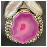 Sterling Silver Necklace with Pink Agate, Pearl Inlay, and Red Gem Pendant
