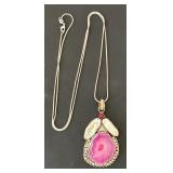 Sterling Silver Necklace with Pink Agate, Pearl Inlay, and Red Gem Pendant