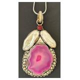 Sterling Silver Necklace with Pink Agate, Pearl Inlay, and Red Gem Pendant