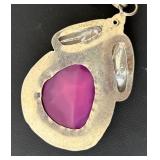 Sterling Silver Necklace with Pink Agate, Pearl Inlay, and Red Gem Pendant