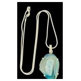 Sterling Silver Chain with Blue Agate Slice Pendant