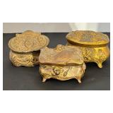 Set of 3 Antique Ornate Jewelry Casket Boxes with Floral Design