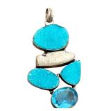 Sterling Silver Druzy, Pearl, and Blue Topaz Pendant, 3 Inch