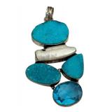 Sterling Silver Druzy, Pearl, and Blue Topaz Pendant, 3 Inch