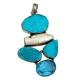 Sterling Silver Druzy, Pearl, and Blue Topaz Pendant, 3 Inch