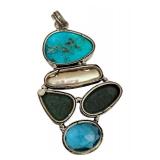 Sterling Silver Druzy, Pearl, and Blue Topaz Pendant, 3 Inch
