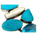 Sterling Silver Druzy, Pearl, and Blue Topaz Pendant, 3 Inch