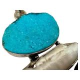 Sterling Silver Druzy, Pearl, and Blue Topaz Pendant, 3 Inch