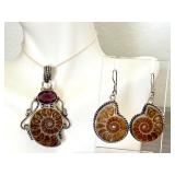 Ammonite Fossil Sterling-Style Pendant and Earrings Set