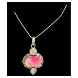 Sterling Silver Necklace with Pink and Clear Gemstone Pendant