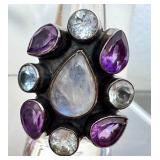 Sterling Silver Statement Ring with Moonstone, Amethyst and Topaz