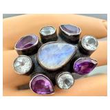 Sterling Silver Statement Ring with Moonstone, Amethyst and Topaz
