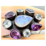 Sterling Silver Statement Ring with Moonstone, Amethyst and Topaz