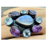 Sterling Silver Statement Ring with Moonstone, Amethyst and Topaz