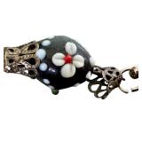 Vintage Hand Painted Glass Beaded Necklace with Floral Design, 18 Inch