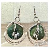 Artisan Silver-Tone Earrings with Green Discs and Pearl Accents