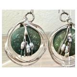 Artisan Silver-Tone Earrings with Green Discs and Pearl Accents
