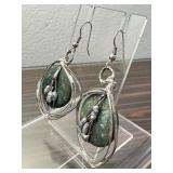 Artisan Silver-Tone Earrings with Green Discs and Pearl Accents