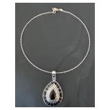 Silver Tone Choker Necklace with Black Teardrop Pendant by Best