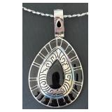 Silver Tone Choker Necklace with Black Teardrop Pendant by Best