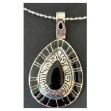 Silver Tone Choker Necklace with Black Teardrop Pendant by Best
