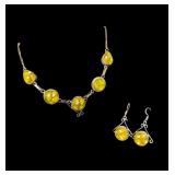 Sterling Silver Necklace and Earrings Set with Yellow Glass Cabochons