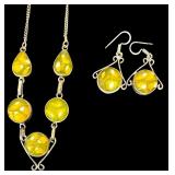 Sterling Silver Necklace and Earrings Set with Yellow Glass Cabochons