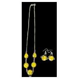 Sterling Silver Necklace and Earrings Set with Yellow Glass Cabochons