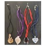 Set of 4 Art Glass Pendant Necklaces with Ribbon Chains