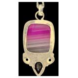 Sterling Silver Necklace with Pink Banded Stone Pendant and Faceted Accents