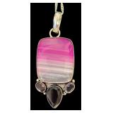 Sterling Silver Necklace with Pink Banded Stone Pendant and Faceted Accents