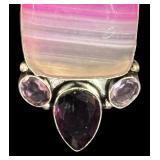Sterling Silver Necklace with Pink Banded Stone Pendant and Faceted Accents