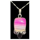 Sterling Silver Necklace with Pink Banded Stone Pendant and Faceted Accents