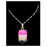 Sterling Silver Necklace with Pink Banded Stone Pendant and Faceted Accents