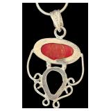 Sterling Silver Necklace with Red Coral and Onyx Pendant