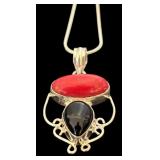 Sterling Silver Necklace with Red Coral and Onyx Pendant