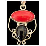 Sterling Silver Necklace with Red Coral and Onyx Pendant