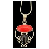 Sterling Silver Necklace with Red Coral and Onyx Pendant